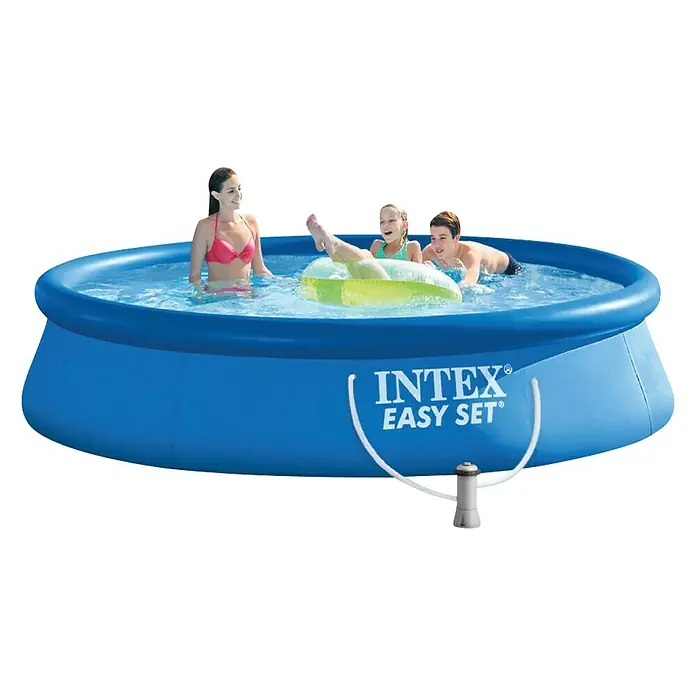 Intex Piscina Quick-Up Easy Set - Ø x Al: 305 x 76 cm, Azul, 3.853 l - Piscina hinchable Intex Easy Set con familia disfrutando del agua y bomba de filtro para agua limpia en el jardín.