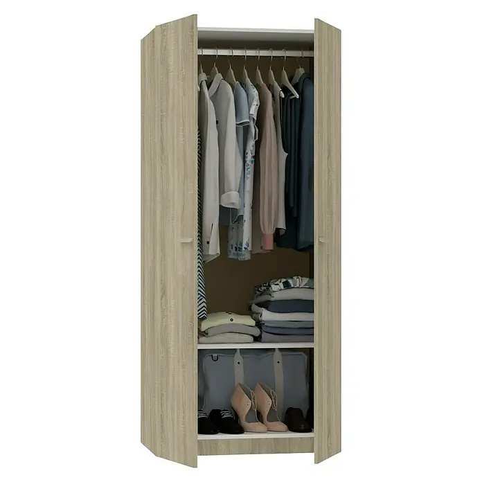 Muebles Pitarch Tibet Armario para ropa y zapatero - Roble - Un armario abierto con acabado de madera clara exhibe una variedad de ropa, zapatos y accesorios, ofreciendo un almacenamiento elegante para tu guardarropa.