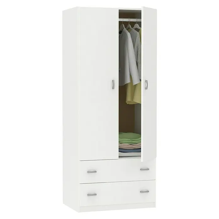 Muebles Pitarch Turín Armario para ropa - L x An x Al: 50 x 74 x 180 cm, Blanco - Un espacioso armario blanco con dos cajones y una puerta abierta que muestra ropa colgada y textiles doblados.