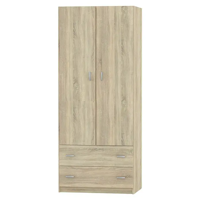 Muebles Pitarch Turín Armario para ropa - L x An x Al: 50 x 74 x 180 cm, Roble - Armario de madera con dos puertas y dos cajones para almacenamiento adicional. Diseño simple para cualquier dormitorio.
