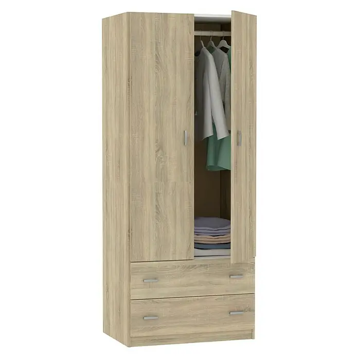 Muebles Pitarch Turín Armario para ropa - L x An x Al: 50 x 74 x 180 cm, Roble - Armario de aspecto de madera clara con dos cajones y una puerta abierta, revelando ropa en el interior, ideal para el almacenamiento del dormitorio.