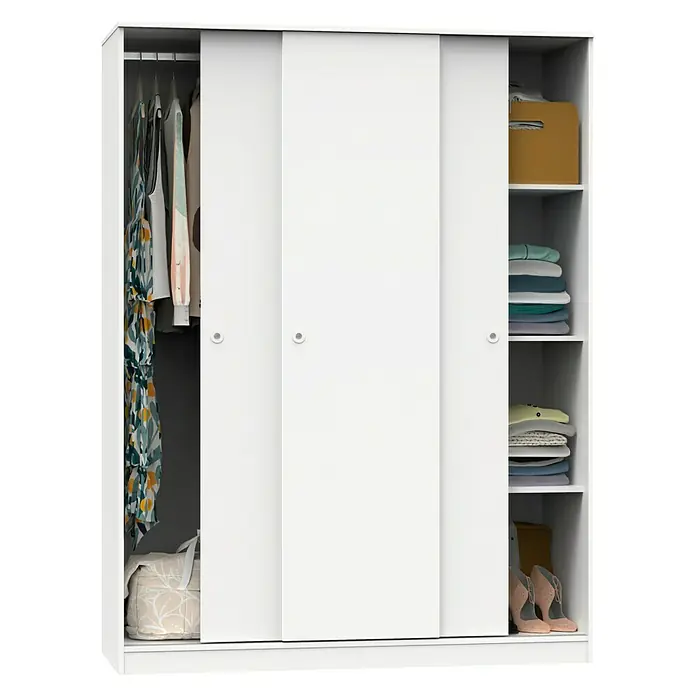 Muebles Pitarch Tibet Armario de puertas correderas - L x An x Al: 55 x 150 x 200 cm, Blanco - Un armario blanco con puertas correderas, parcialmente abierto para mostrar ropa y accesorios. Armario moderno para más espacio de almacenamiento.