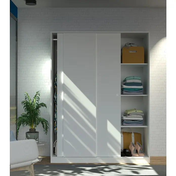 Muebles Pitarch Tibet Armario de puertas correderas - L x An x Al: 55 x 150 x 200 cm, Blanco - Un armario blanco espacioso con puertas correderas y estantes abiertos, ideal para organizar ropa y accesorios en el dormitorio.