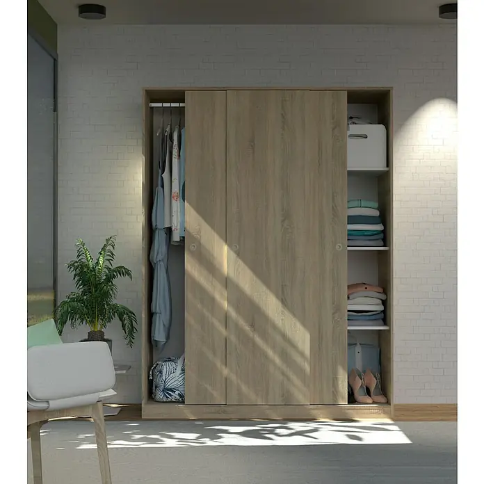 Muebles Pitarch Tibet Armario de puertas correderas y zapatero - Roble - Un amplio armario de madera clara con puertas correderas ofrece amplio espacio para ropa y accesorios, complementado con estantes prácticos.