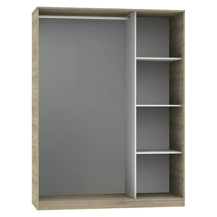 Muebles Pitarch Tibet Armario de puertas correderas y zapatero - Roble - Vista interior de un armario con estantes y barra para colgar, perfecto para organizar tu guardarropa de manera eficiente.