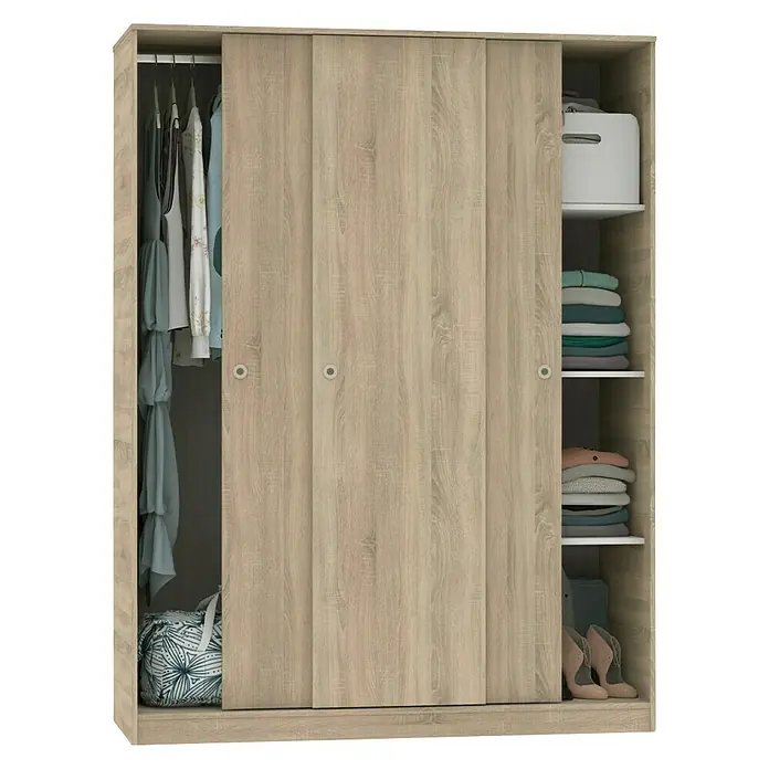 Muebles Pitarch Tibet Armario de puertas correderas y zapatero - Roble - Un armario espacioso con puertas correderas y amplio espacio para ropa, zapatos y accesorios. Ideal para cualquier dormitorio.