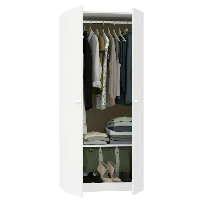 Muebles Pitarch Tibet Armario para ropa y zapatero - Blanco - Un armario blanco abierto con ropa colgada, prendas dobladas y zapatos en el estante inferior.