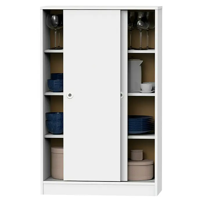 Muebles Pitarch Teide Armario multiusos de plástico - L x An x Al: 33 x 74 x 120 cm, Blanco - Armario con puertas correderas blanco lleno de platos y vasos. Almacenamiento práctico para comedor o cocina.