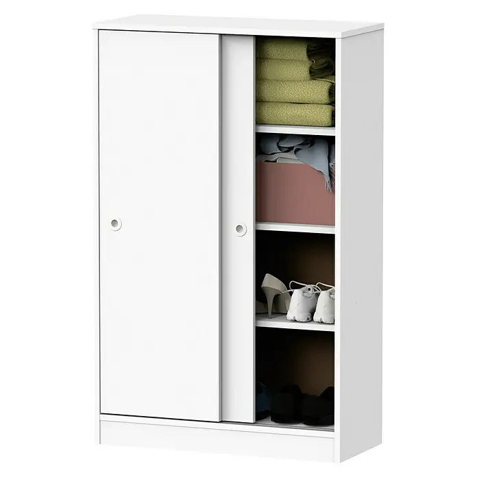 Muebles Pitarch Teide Armario multiusos de plástico - L x An x Al: 33 x 74 x 120 cm, Blanco - Armario blanco con puertas correderas y estantes para guardar ropa, zapatos y otros objetos. Almacenamiento práctico y elegante.