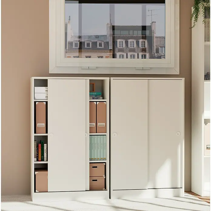 Muebles Pitarch Teide Armario multiusos de plástico - L x An x Al: 33 x 74 x 120 cm, Blanco - Una estantería luminosa con puertas correderas y compartimentos abiertos, que ofrece amplio espacio para libros y archivos. Ideal para oficina o salón.