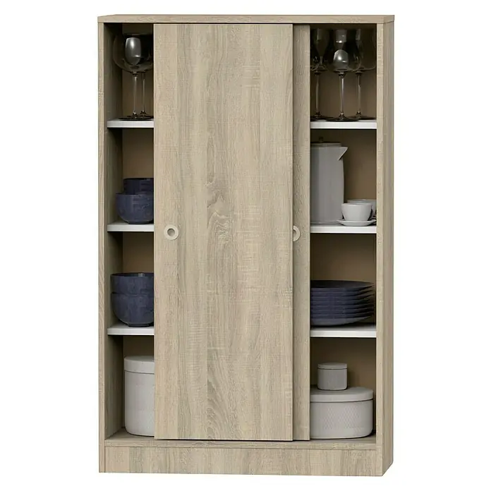 Muebles Pitarch Tibet Armario multiusos de madera - L x An x Al: 33 x 74 x 120 cm, Roble cambrian - Imagen de un armario de madera con puertas correderas, que muestra elegantemente vajilla, cuencos y vasos para guardar.