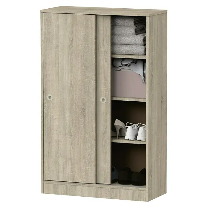 Muebles Pitarch Tibet Armario multiusos de madera - L x An x Al: 33 x 74 x 120 cm, Roble cambrian - Armario con puertas correderas de madera clara con estantes llenos de ropa, zapatos y complementos. Solución de almacenamiento práctica.