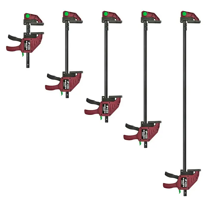 Piher Tornillo de apriete monomanual Maxi Quick - Anchura de sujeción: 150 mm, Fuerza de tensión: 2.942 N - Un conjunto de cinco mordazas de una mano rojas y negras, ideales para sujetar y fijar en proyectos de carpintería y bricolaje.