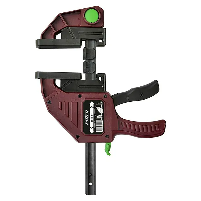 Piher Tornillo de apriete monomanual Maxi Quick - Anchura de sujeción: 150 mm, Fuerza de tensión: 2.942 N - Una abrazadera de una mano Pither de 15cm/6" en rojo y negro, ideal para carpintería y otras aplicaciones de sujeción. Robusta y fácil de usar.