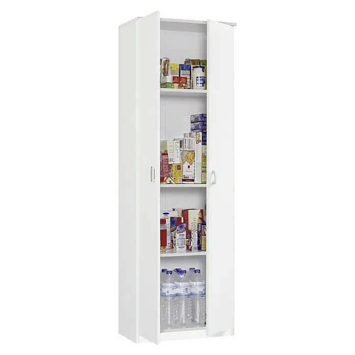 Muebles Pitarch Armario multiusos de madera 102 - L x An x Al: 35 x 60 x 180 cm, Blanco - Imagen de un armario de despensa blanco con puertas abiertas, lleno de alimentos y botellas de agua apiladas en varios estantes.