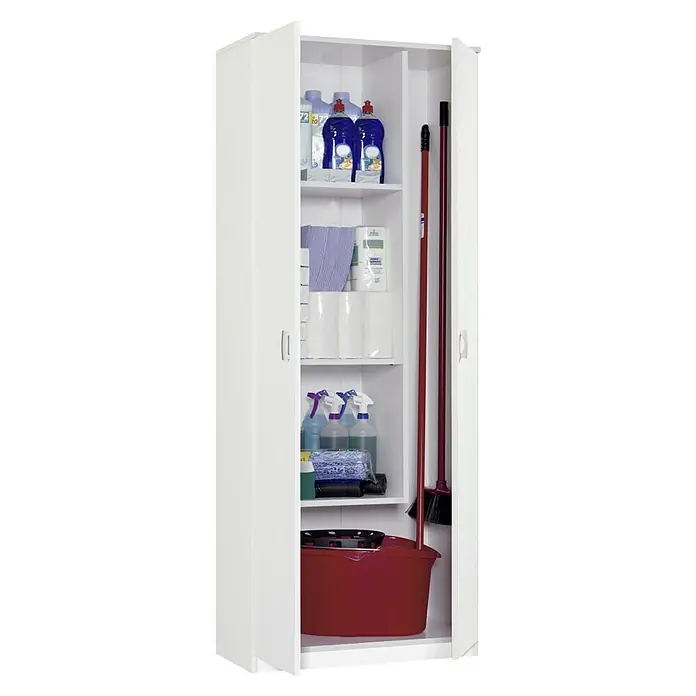 Muebles Pitarch Armario multiusos de madera 102 - L x An x Al: 35 x 80 x 180 cm, Blanco - Un armario de limpieza blanco, medio abierto, lleno de productos de limpieza, toallas de papel, aerosoles y un cubo rojo.