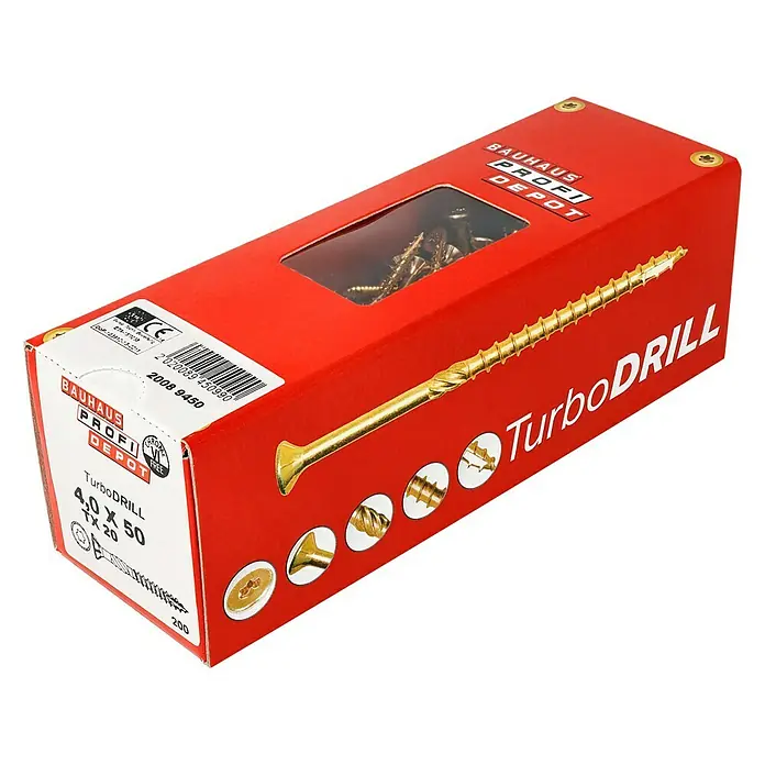 Profi Depot Mehrzweck-Schraube Turbo Drill - Ø x L: 4 x 50 mm, TX für TORX-Antriebe, Senkkopf, 200 Stk. - Eine rote Packung TurboDRILL-Holzschrauben 4,0 x 50 mm mit Torx TX 20-Antrieb, ideal für Profi- und Heimwerkerprojekte.