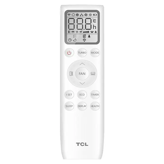 TCL Inverter-Klimasplitgerät Multi Split Duo - Kühlleistung: 1.650 W - 3.300 W, Heizleistung: 3.360 W, Raumgröße: 26 m², Passend für: 2 Räume bis jeweils 26 m² - Weisse TCL-Fernbedienung für Klimaanlage mit LCD-Bildschirm und verschiedenen Funktionstasten für optimale Steuerung.
