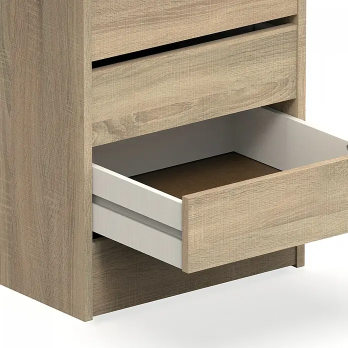 Muebles Pitarch Turín Cajonera - L x An x Al: 45 x 46 x 63,5 cm, Número de cajones: 4 ud., Roble cambrian - Primer plano de una cómoda con un cajón parcialmente abierto, destacando el diseño simple y la textura de la madera.