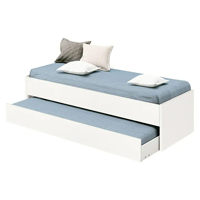 Muebles Pitarch Tibet Cama nido - L x An x Al: 97 x 202 x 54 cm, Blanco - Cama nido blanca con dos niveles, colchones azules y almohadas, creando un ambiente acogedor en la habitación infantil.