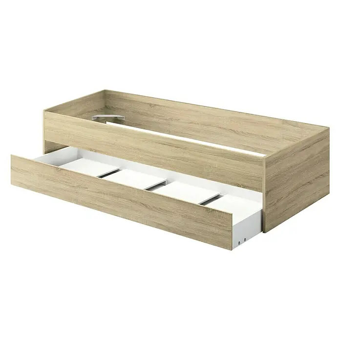 Muebles Pitarch Tibet Set muebles de dormitorio - Roble cambrian, 3 pzs. - Estructura de cama con cajón extraíble en tono de madera clara y cajones blancos, proporcionando almacenamiento extra en el dormitorio. Práctico y elegante.