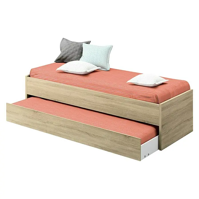 Muebles Pitarch Tibet Cama nido - L x An x Al: 97 x 202 x 54 cm, Roble cambrian - Una cama nido de madera con colchones y almohadas, perfecta para espacios reducidos y habitaciones de invitados.