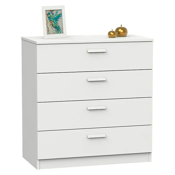 Muebles Pitarch Tibet Cómoda - L x An x Al: 40 x 74 x 78 cm, Blanco, Número de cajones: 4 ud. - Cómoda blanca con cuatro cajones, adornada con un marco de fotos y detalles dorados, perfecta para el almacenamiento en el dormitorio.