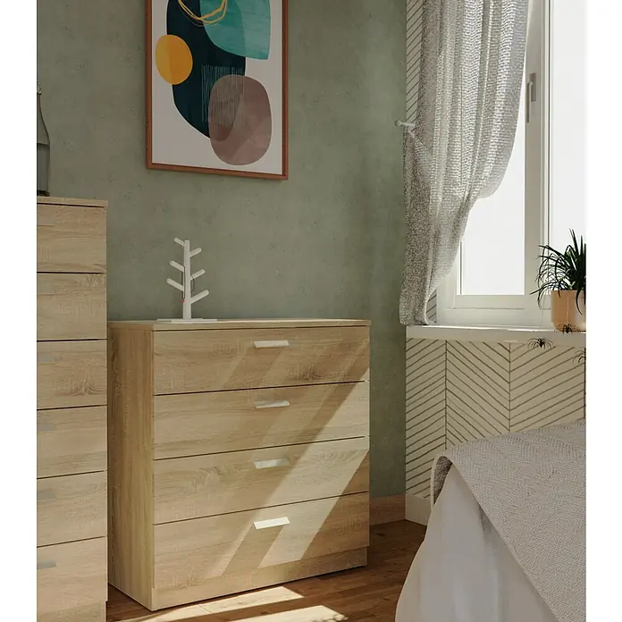 Muebles Pitarch Tibet Cómoda - L x An x Al: 40 x 74 x 78 cm, Roble cambrian, Número de cajones: 4 ud. - Cómoda de madera clara con cuatro cajones y tiradores minimalistas, complementando la decoración moderna del dormitorio.