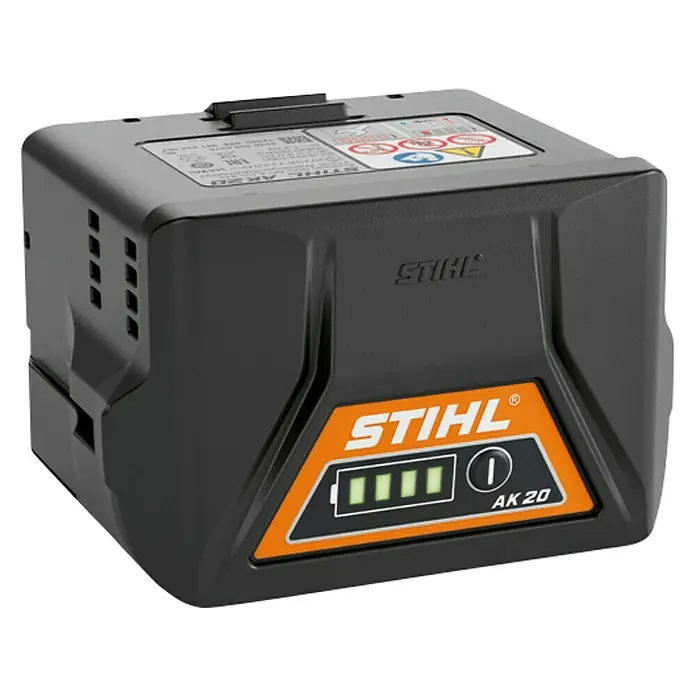 Stihl AK Akku 20 - 36 V, 4 Ah, Li-Ionen - Das Bild zeigt einen STIHL AK 20 Akku, der für verschiedene Gartengeräte verwendet wird. Er bietet zuverlässige Leistung und lange Laufzeit.