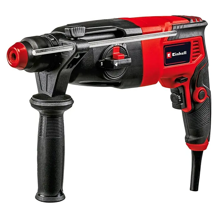 Einhell Classic Martillo combinado TC-RH 620 4F - 620 W, 2,2 J, Alojamiento SDS-Plus - Un martillo perforador Einhell rojo y negro con mango auxiliar, ideal para proyectos de bricolaje exigentes.