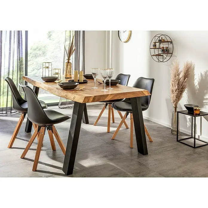 Pur Iternal Black Edition Tischbein Strong - 900 x 150 x 712 mm, Schwarz, U-Form, Passend für: Tischplatten Breite ≥ 100 cm, 2 Stk. - Modernes Esszimmer-Set mit einem Akazienholztisch und schwarzen Stühlen mit Holzbeinen für einen stilvollen Essbereich.