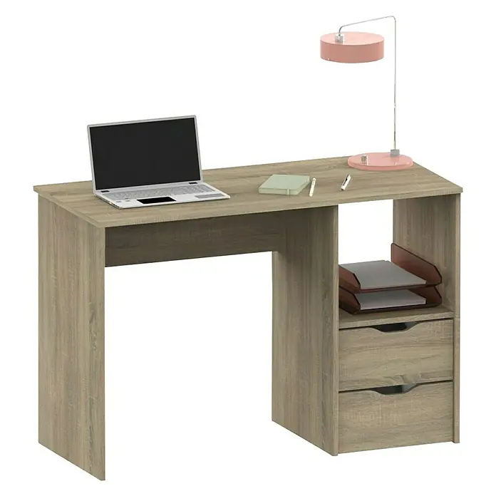 Muebles Pitarch Eko Mesa de escritorio - L x An x Al: 50 x 115 x 76 cm, Roble - Un escritorio moderno con un ordenador portátil, lámpara, compartimentos de almacenamiento y cajones con acabado de madera. Ideal para oficina o estudio.