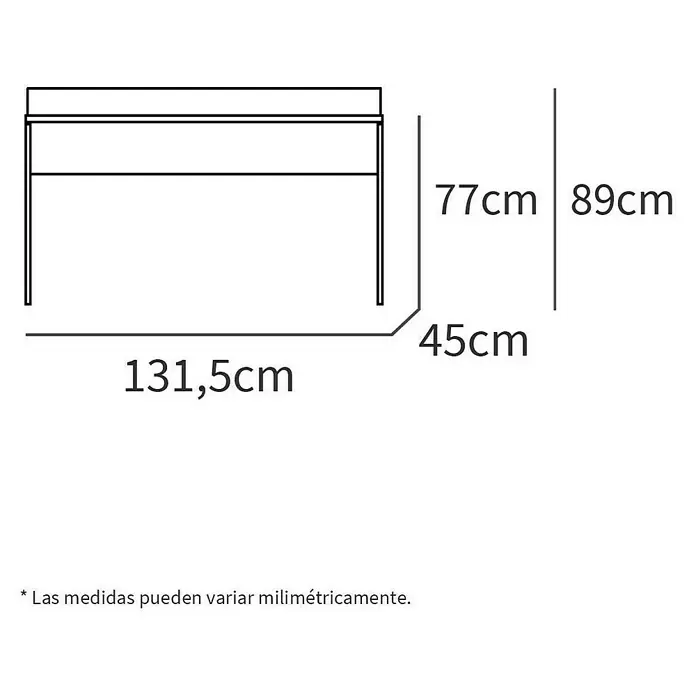 Muebles Pitarch Mesa de escritorio Haley - L x An x Al: 45 x 131,5 x 77 cm, Blanco - Dibujo esquemático de una mesa con dimensiones de 131,5 cm de longitud, 77 cm de altura, 89 cm de altura total y 45 cm de profundidad de la tapa.