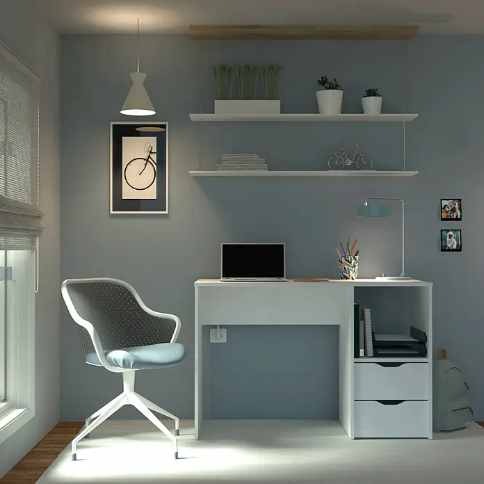 Muebles Pitarch Eko Mesa de escritorio - L x An x Al: 50 x 115 x 76 cm, Blanco - Un escritorio blanco moderno con cajones y estantes proporciona un espacio de trabajo funcional en una habitación elegante y luminosa.