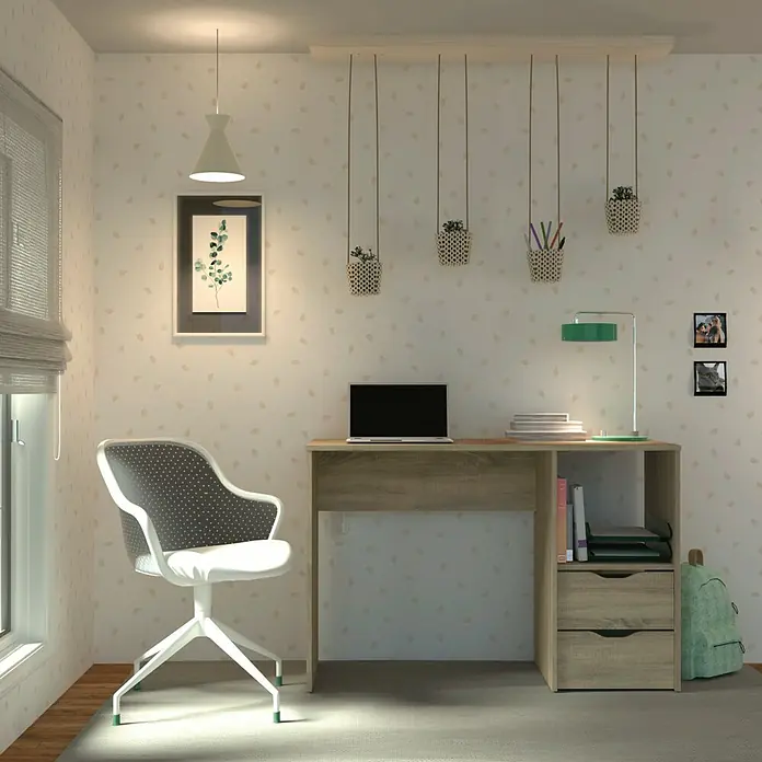 Muebles Pitarch Eko Mesa de escritorio - L x An x Al: 50 x 115 x 76 cm, Roble - Elegante oficina en casa con un escritorio elegante, una cómoda silla giratoria y plantas colgantes decorativas para un espacio de trabajo agradable.