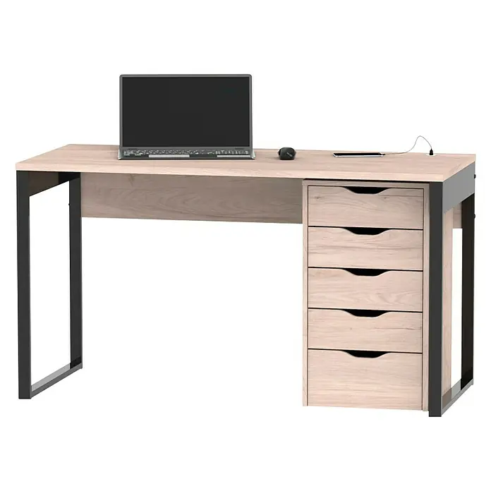 Muebles Pitarch Eko Cajonera - L x An x Al: 43 x 40 x 71 cm, Número de cajones: 5 ud., Roble aurora - Un escritorio moderno con aspecto de madera clara con patas de metal negro, equipado con un ordenador portátil, ratón y teléfono inteligente.
