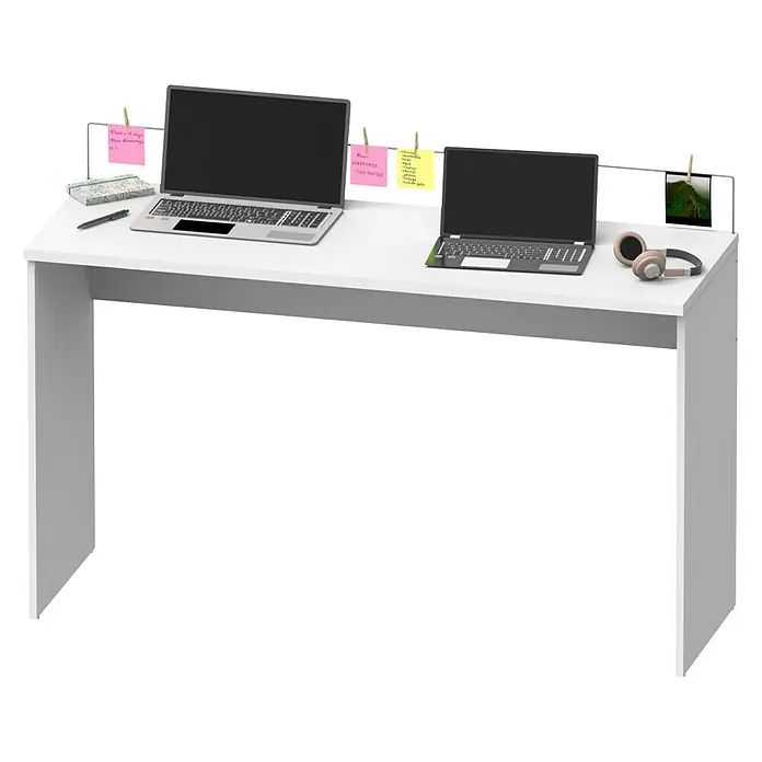 Muebles Pitarch Mesa de escritorio Haley - L x An x Al: 45 x 131,5 x 77 cm, Blanco - Escritorio blanco moderno con dos portátiles, notas y auriculares. Ideal para la oficina en casa o sala de estudio.
