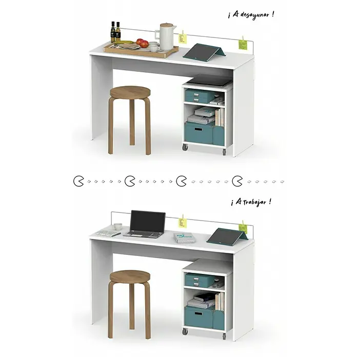 Muebles Pitarch Mesa de escritorio Haley - L x An x Al: 45 x 131,5 x 77 cm, Blanco - Elegante oficina en casa: un escritorio blanco con contenedor rodante y silla de madera, ideal para desayuno y trabajo.