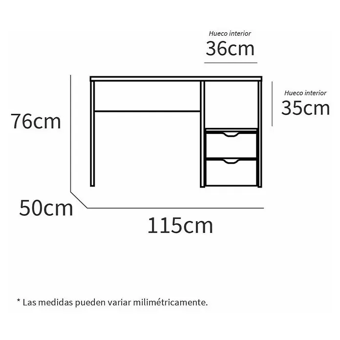 Muebles Pitarch Eko Mesa de escritorio - L x An x Al: 50 x 115 x 76 cm, Roble - Esquema detallado de un escritorio con cajones, que muestra las dimensiones de 76 cm de altura, 115 cm de ancho y 50 cm de profundidad.