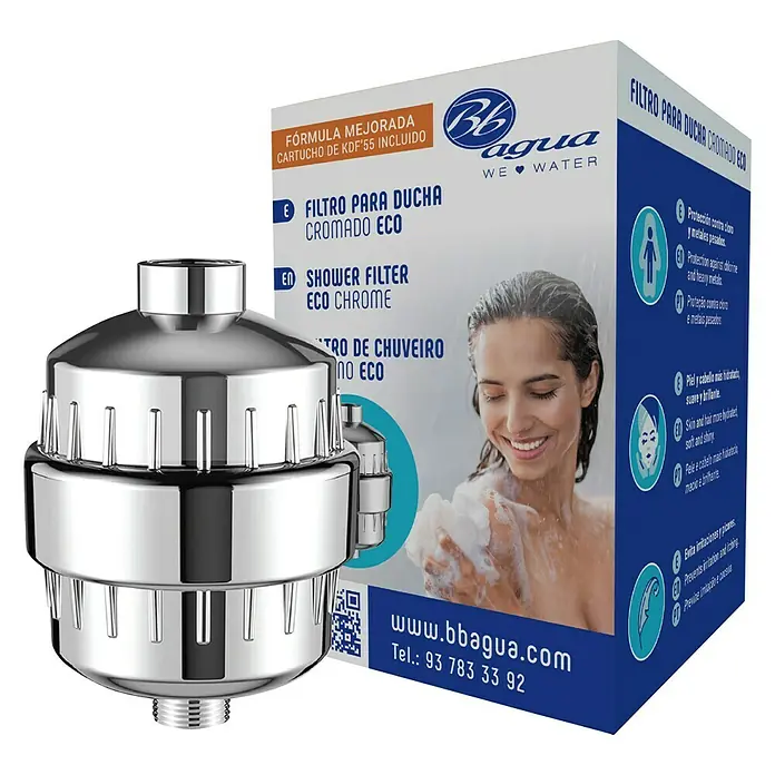 Bb agua Filtro de agua para ducha ECO - Apto para: Grifería de ducha - Imagen de un filtro de ducha cromado de Bb agua, diseñado para agua suave y piel limpia.