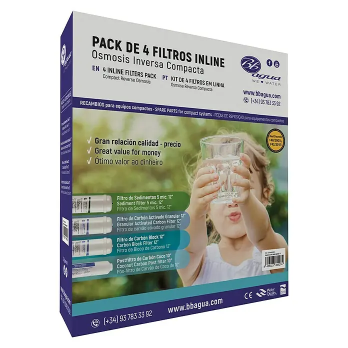 Bb agua Pack de filtros de ósmosis inline - 4 ud., Apto para: Equipos de ósmosis - Imagen de un pack de 4 filtros de ósmosis inversa inline, ideal para sistemas compactos de purificación de agua.