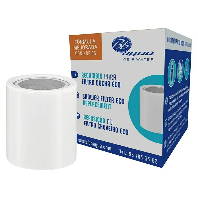 Bb agua Cartucho de repuesto ECO - Apto para: Grifería de ducha - Imagen del producto: Un recambio de filtro de ducha BBagua, mostrado con su embalaje, destacando la tecnología de filtración mejorada.