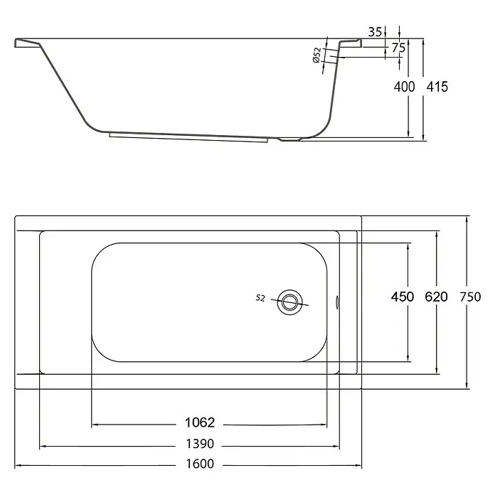 Ottofond Badewannen-Set Filo - L x B: 160 x 75 cm, Sanitäracryl, Weiß, Mit Badewannenfuß - Schema der Badewanne mit Maßangaben zur genauen Planung des Badezimmers.