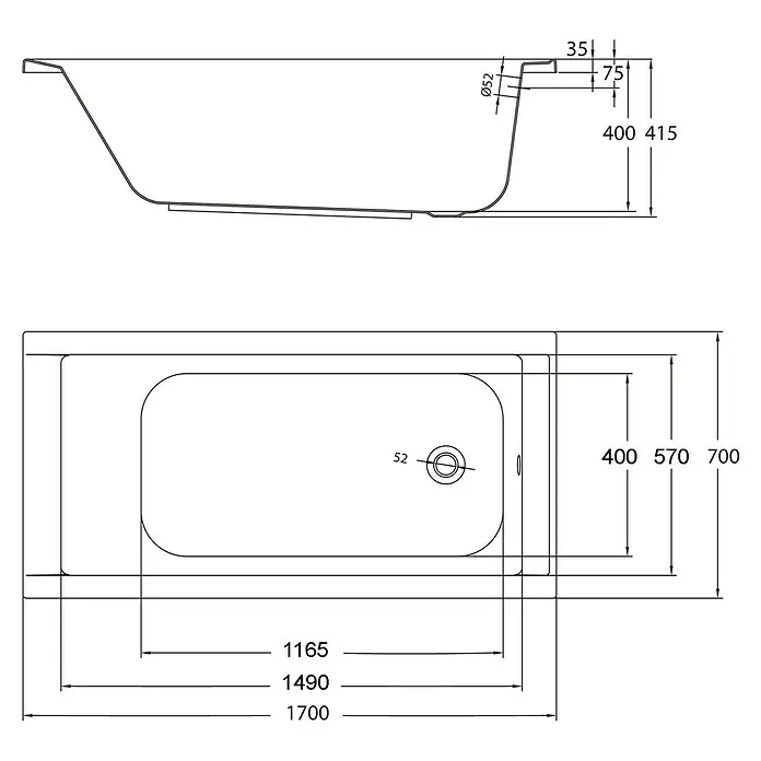 Ottofond Badewannen-Set Filo - L x B: 170 x 70 cm, Sanitäracryl, Weiß, Mit Badewannenfuß - Technische Zeichnung einer Badewanne mit Maßen. Ideal für Badplanung und Installation.