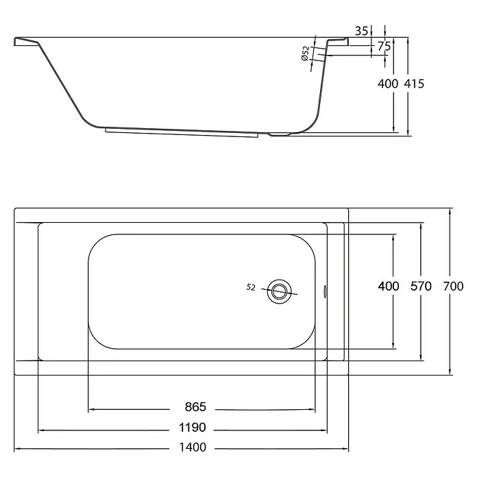Ottofond Badewannen-Set Filo - L x B: 140 x 70 cm, Sanitäracryl, Weiß, Mit Badewannenträger - Technische Zeichnung einer rechteckigen Badewanne mit den Maßen 1400x700 mm. Detailierte Ansicht mit allen relevanten Maßen.
