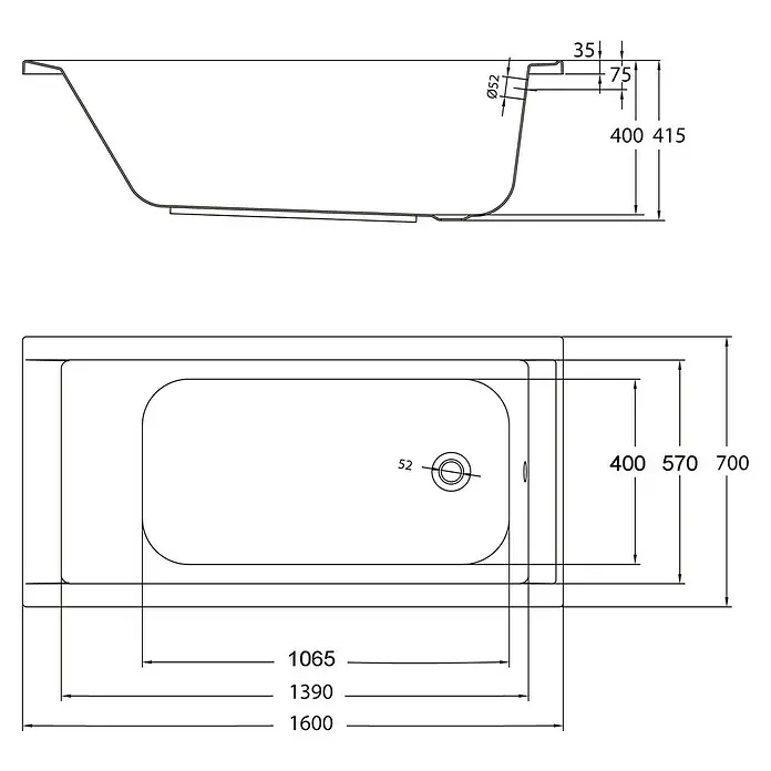 Ottofond Badewannen-Set Filo - L x B: 160 x 70 cm, Sanitäracryl, Weiß, Mit Badewannenfuß - Technische Zeichnung einer Badewanne mit Maßangaben, die Details zu Größe und Form des Produkts zeigen.