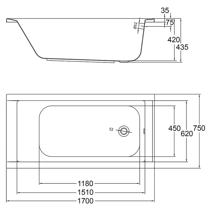 Ottofond Badewannen-Set Filo - L x B: 170 x 75 cm, Sanitäracryl, Weiß, Mit Badewannenfuß - Technische Zeichnung einer Badewanne mit detaillierten Maßangaben zu Länge, Breite und Höhe.