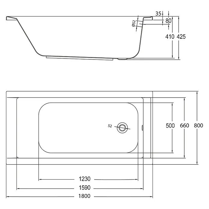 Ottofond Badewannen-Set Filo - L x B: 180 x 80 cm, Sanitäracryl, Weiß, Mit Badewannenfuß - Schematische Zeichnung einer Badewanne mit Maßangaben für Installation und Design.\n