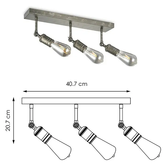 Home Sweet Home LED-Deckenleuchte Spy - 5,8 W, L x B x H: 47 x 9,5 x 20,5 cm, Burned Metal, Warmweiß, 3 Stk. - Abbildung einer dreiflammigen Deckenleuchte im Vintage-Stil mit Maßen.
