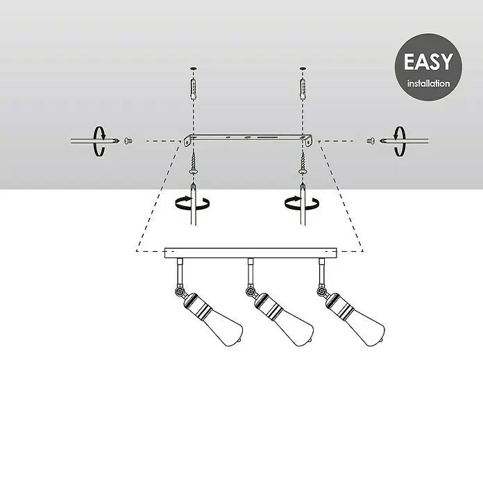 Home Sweet Home LED-Deckenleuchte Spy - 5,8 W, L x B x H: 47 x 9,5 x 20,5 cm, Burned Metal, Warmweiß, 3 Stk. - Eine detaillierte Darstellung der Installation einer dreiflammigen Deckenleuchte mit dem Hinweis "EASY Installation".